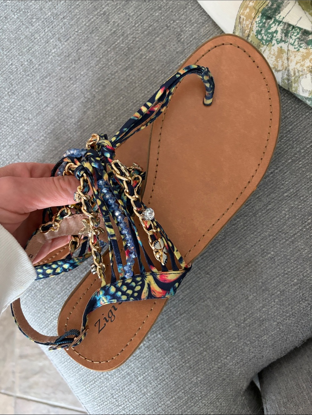 Zigi Soho Tan Sandals with Navy Multicolor Floral Straps and Gold Chain